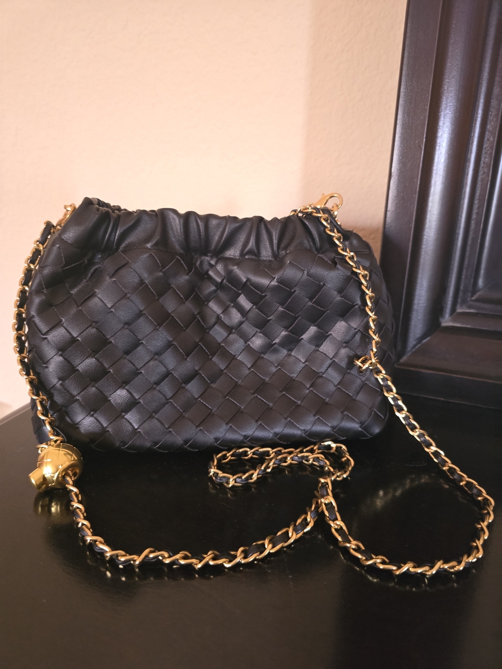 Black Woven Satin Shoulder Bag with Gold Chain